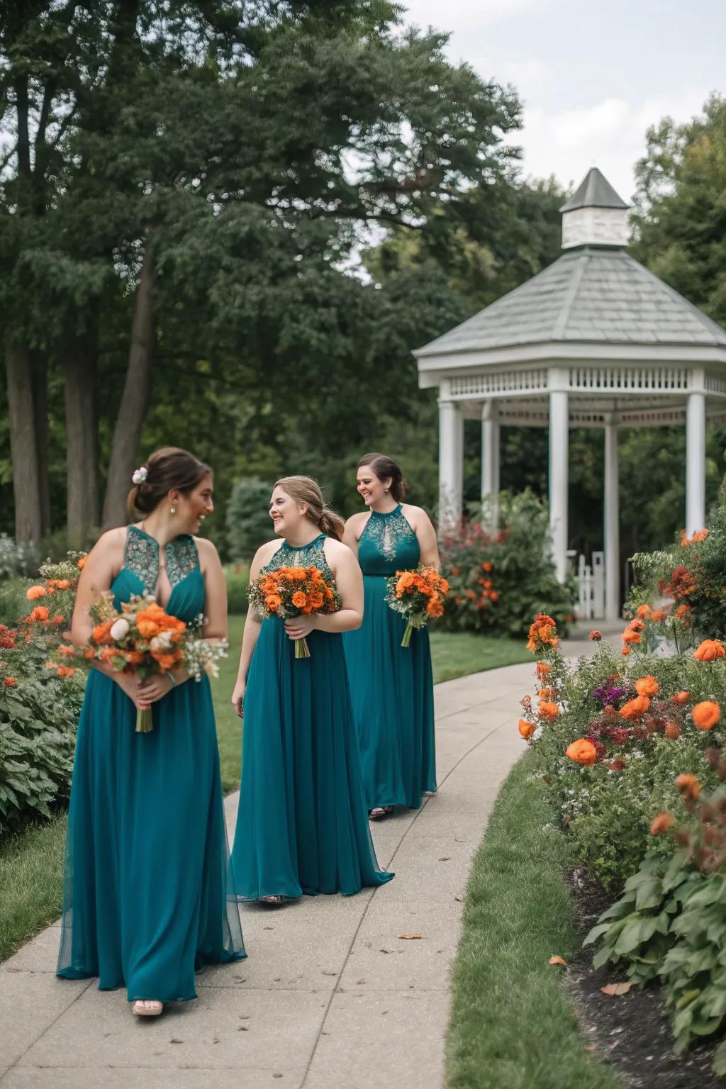 Bridesmaids radiating elegance in seafoam green and sunset orange attire.
