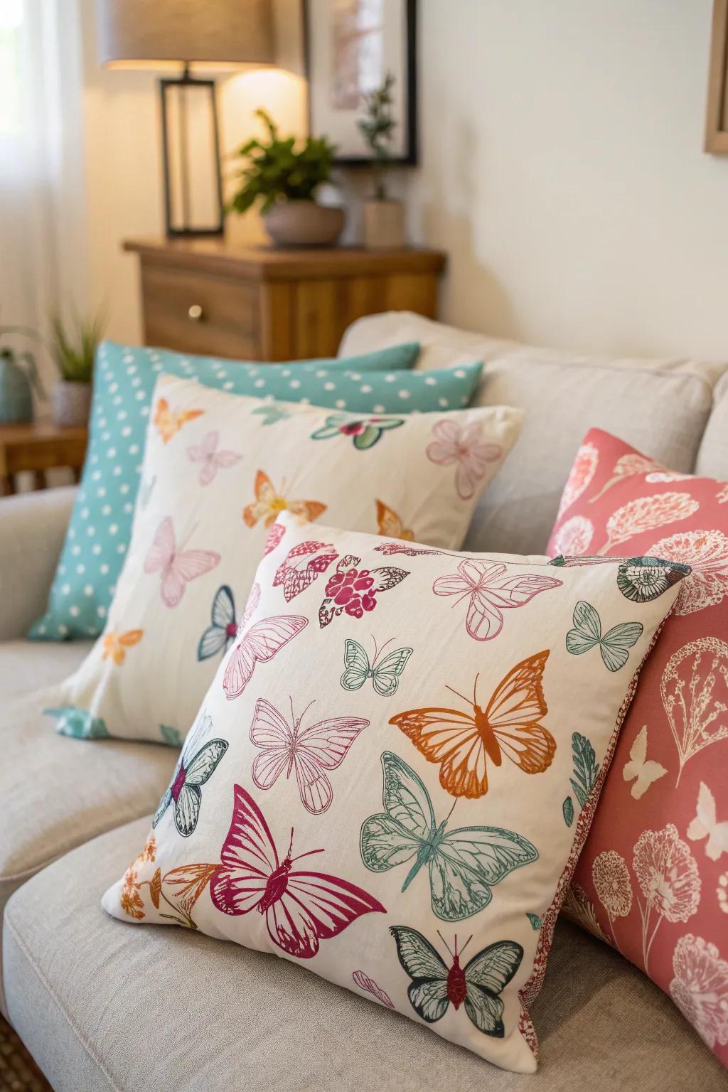 Butterfly pillows playfully enhance any couch.
