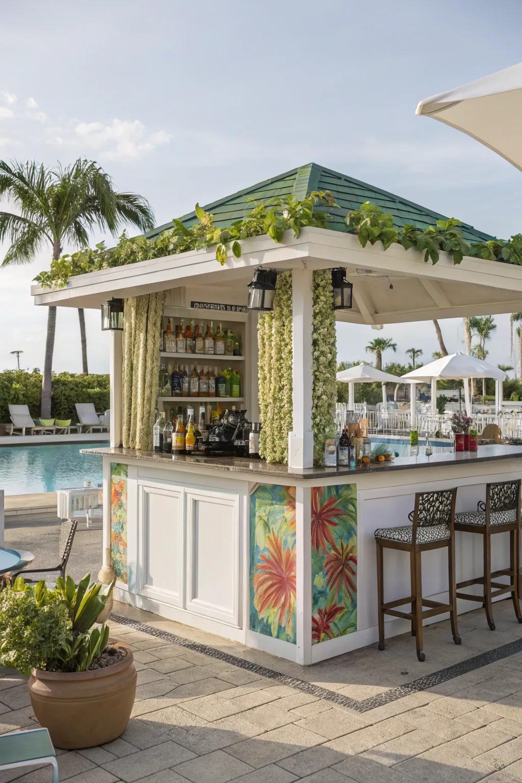 A poolside cabana displaying a polished outdoor tavern perfect for entertaining.