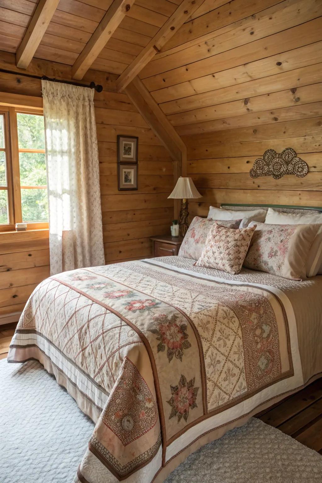 A bed graced with layered quilts and sumptuous pillows within a cabin environment.