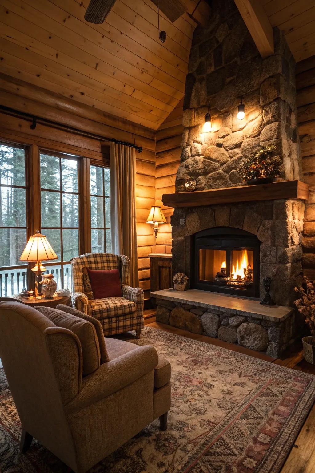 Attractive cabin lounge showcasing a toasty fireplace