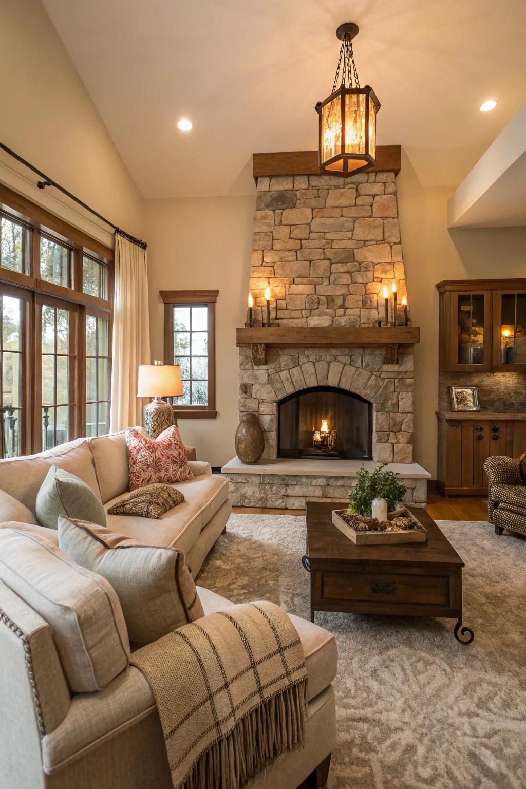 A lounge room is built around a stone fireplace, emitting warmth and comfort.
