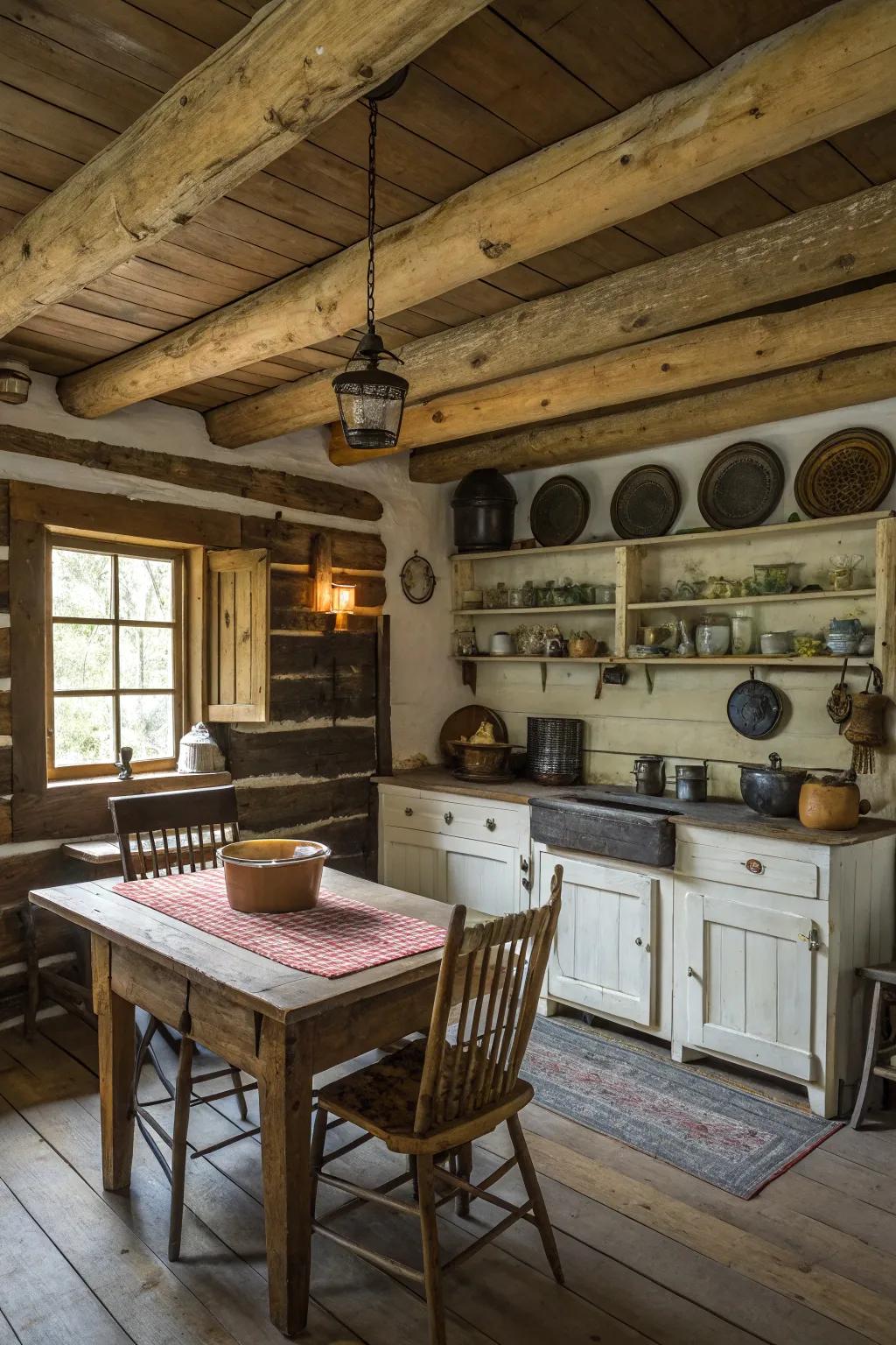 Ceiling beams add a touch of authenticity to your cabin kitchen.