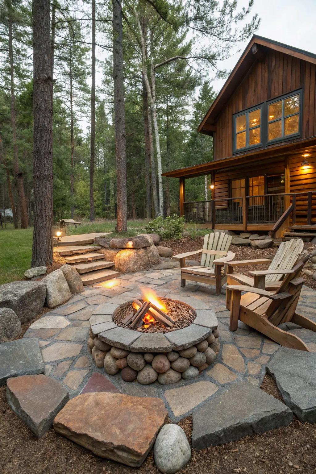 A fire pit makes for a snug gathering area in your cabin's setting.