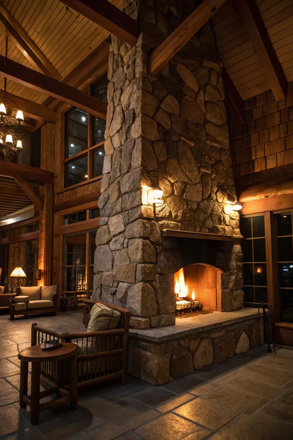 A stone fireplace featuring toasty lighting that crafts a cozy focal point inside a cabin.