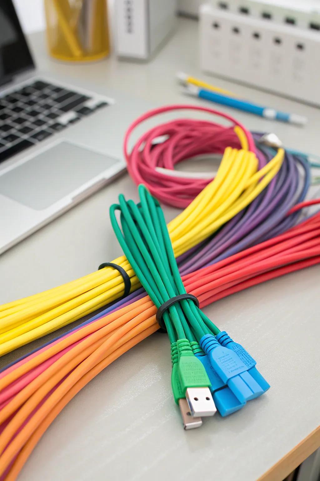 Cables neatly bundled using colored cable ties.