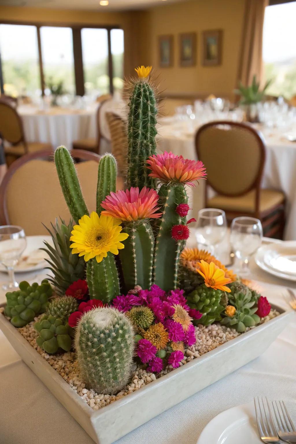 Cacti and flowers come together for a striking centerpiece.