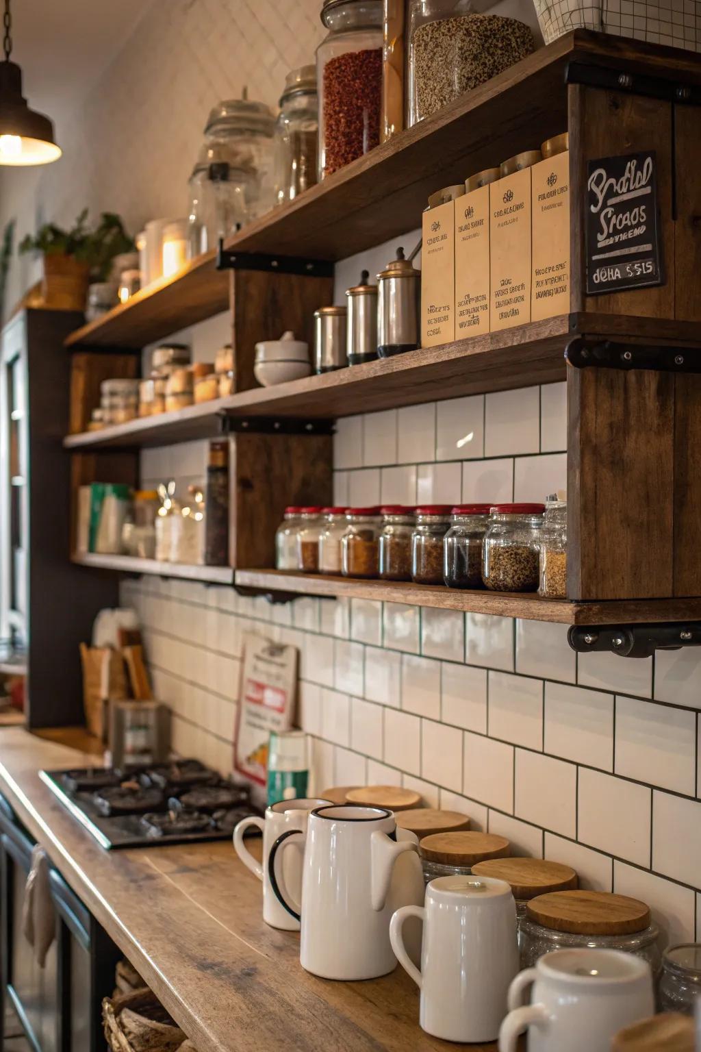 Display shelves in a cafe kitchen showcasing stylish storage solutions.