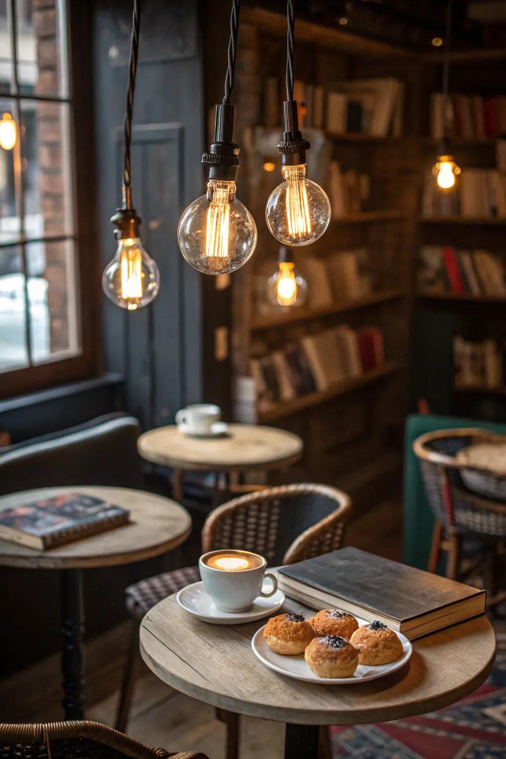 A snug cafe corner brightened by the comforting glow of uncovered incandescent bulbs.