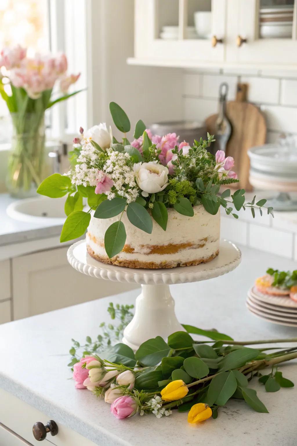 Blossoms on a display platform bring a revitalizing, natural atmosphere to your space.