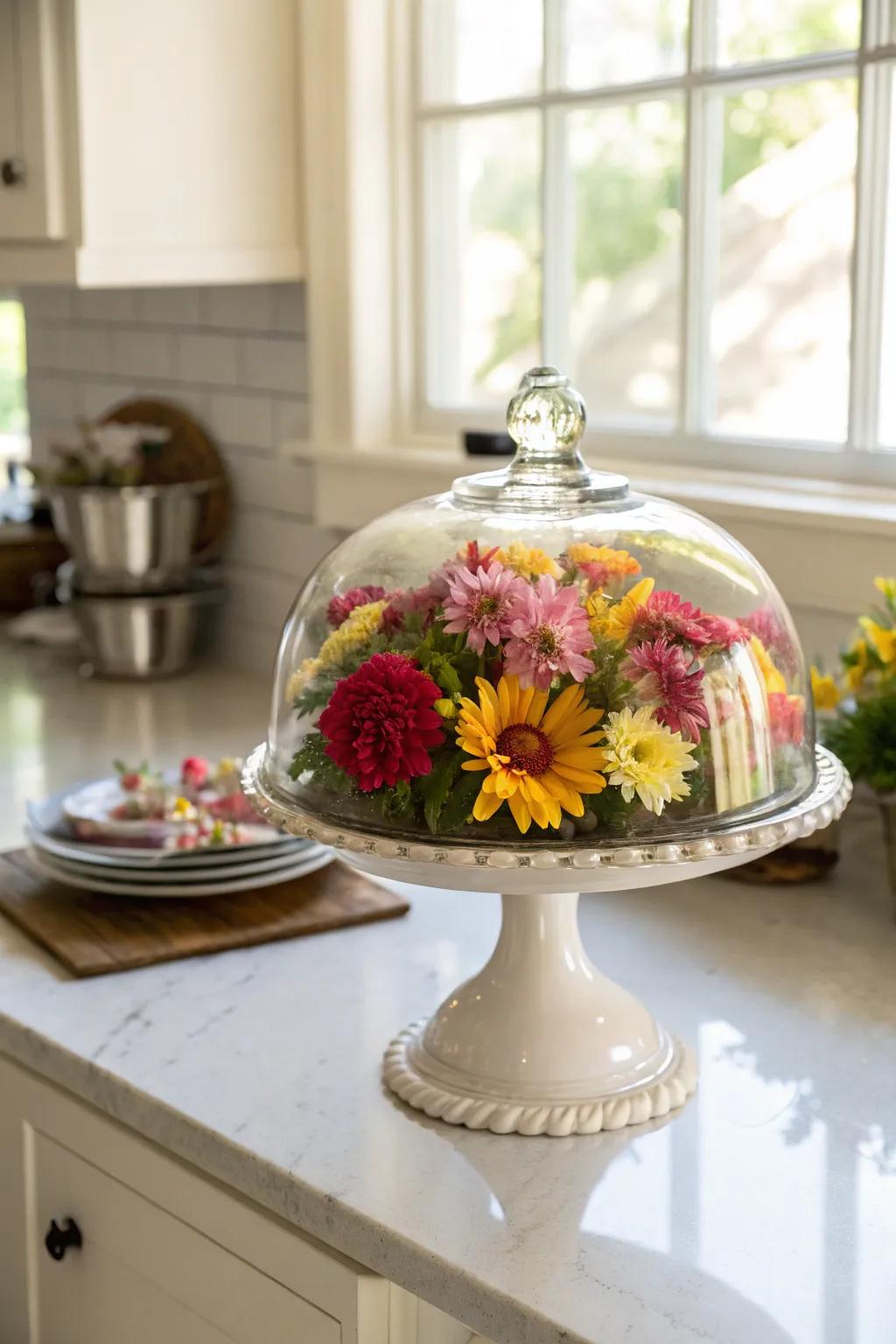 Brighten your space with a floral arrangement under glass.