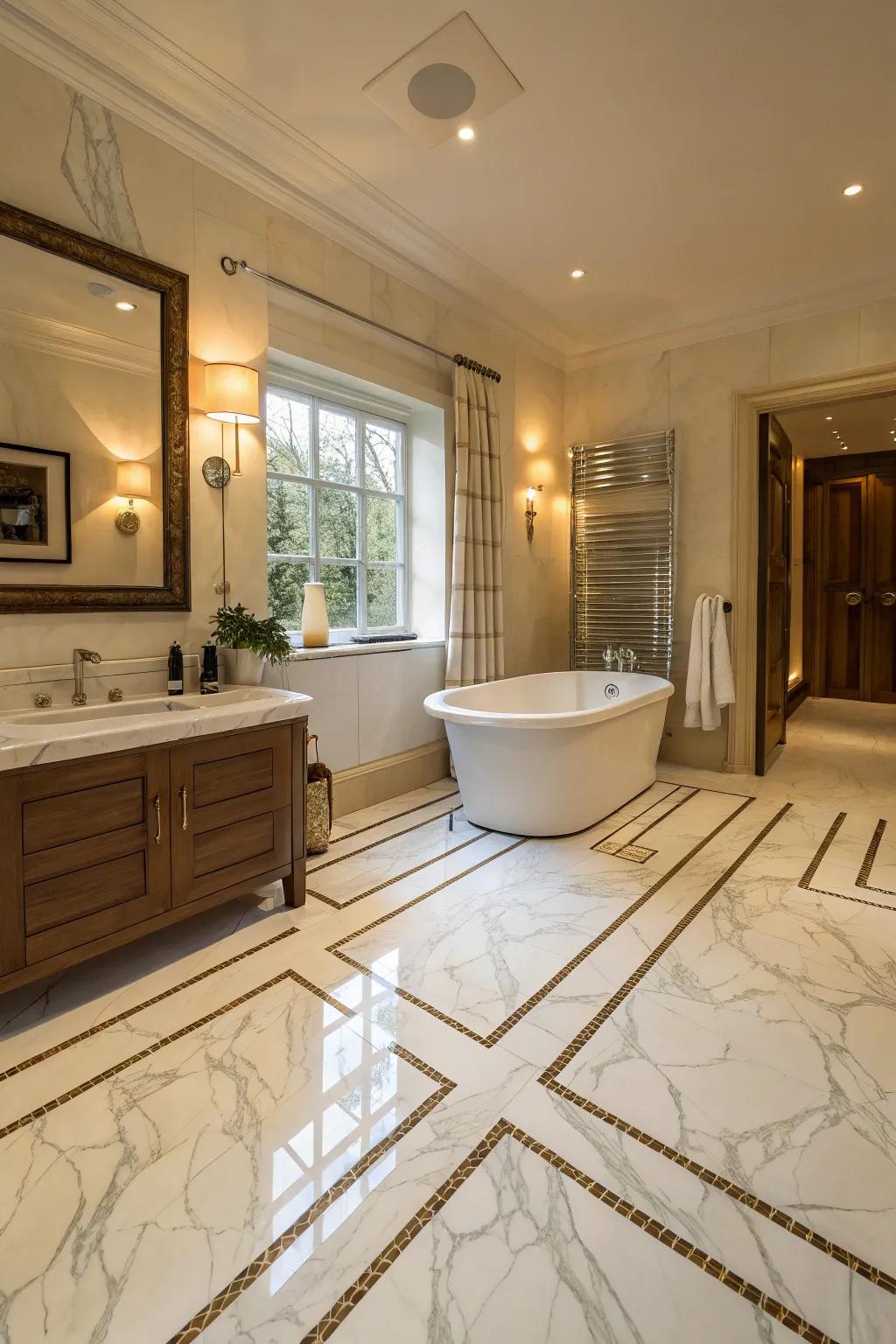 A warm and welcoming bathroom with stylish Ivory Coast marble flooring.