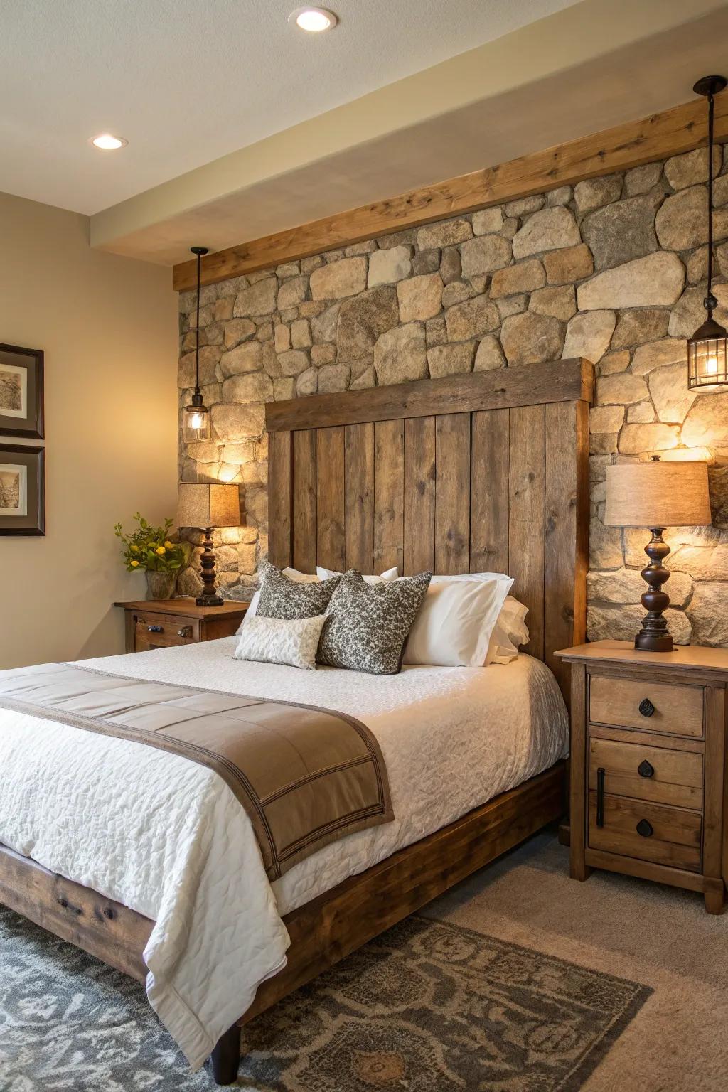 Bedroom design showcasing a repurposed wood headboard and natural stone decor, adding warmth and texture.