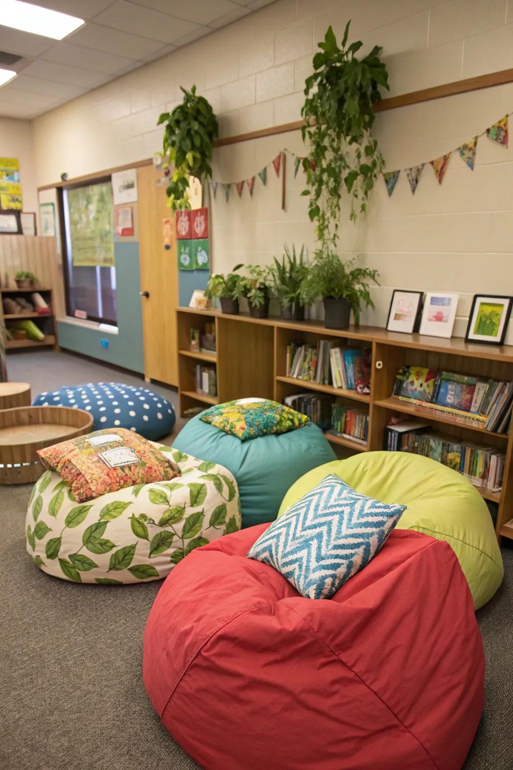 Cozy seating options in the classroom foster a relaxed learning environment.