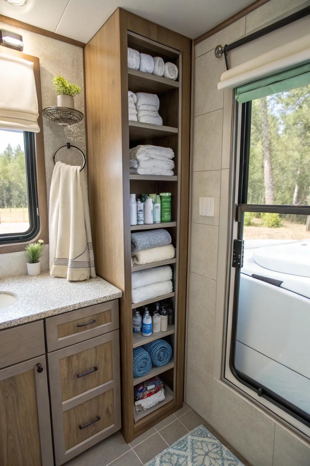 Tall, narrow cabinet making good use of camper vertical space.