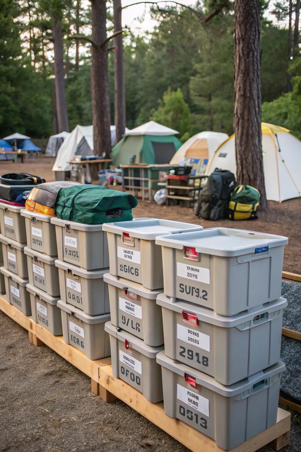 Keep your camping kitchen tidy with labeled storage bins.