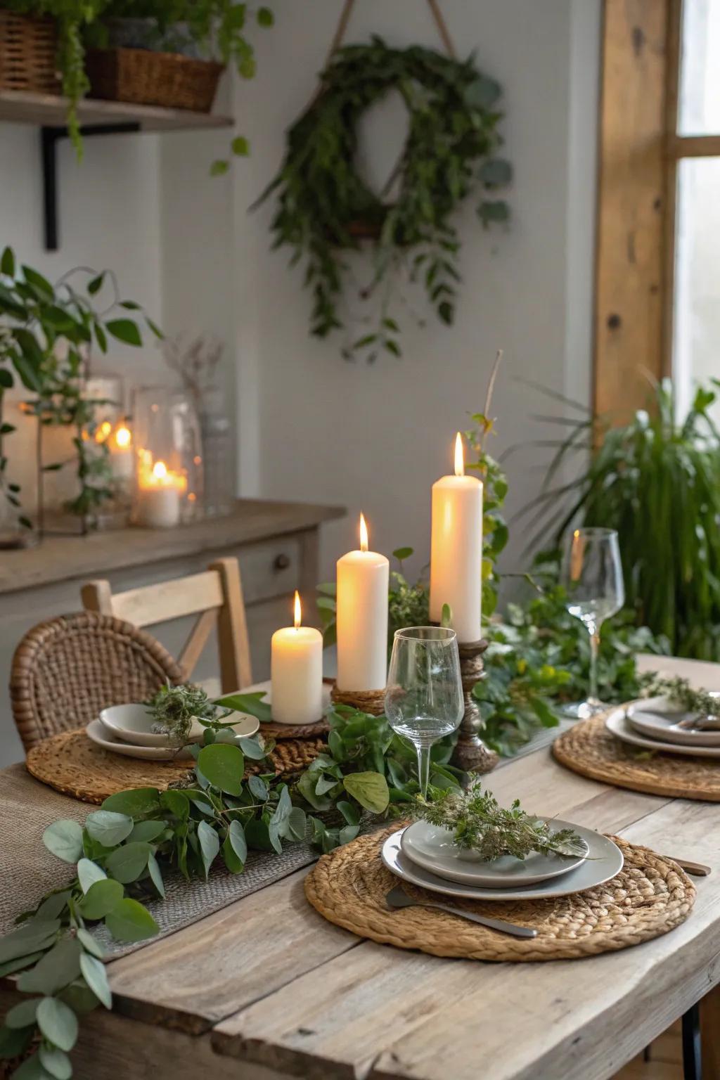 A rustic, inviting centerpiece mixing candles and greenery.
