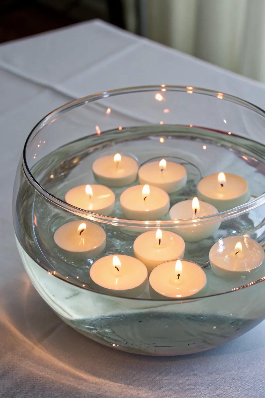 Small candles calmly afloat in a glass bowl filled with tinted water.