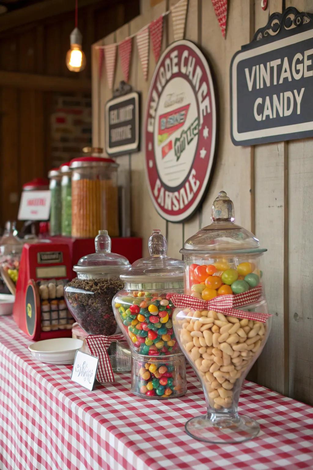 Step back in time with this delightful vintage candy station featuring timeless treats.