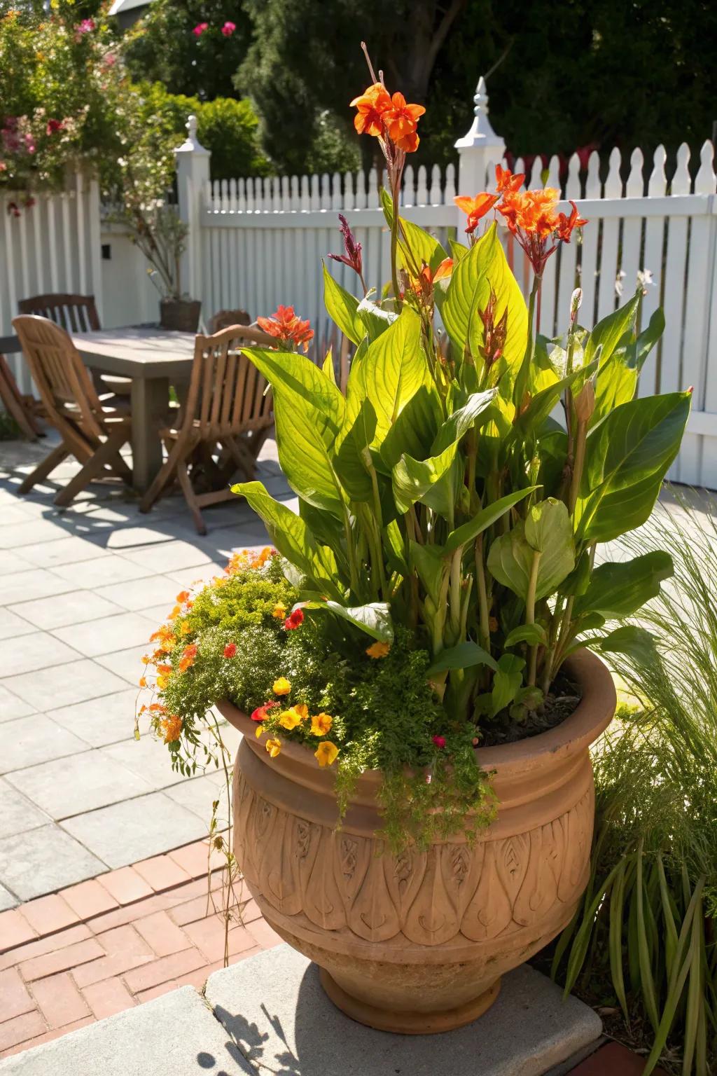 Canna lilies flourish in large containers, making them perfect for patios.