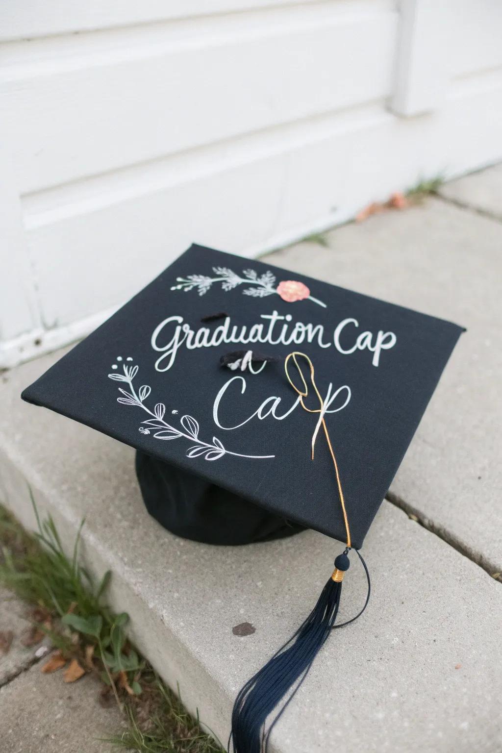A cap decorated with an uplifting saying meant to stir the graduate.