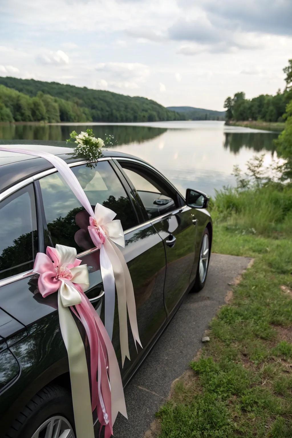 Silky wraps provide a hint of class to the wedding car.