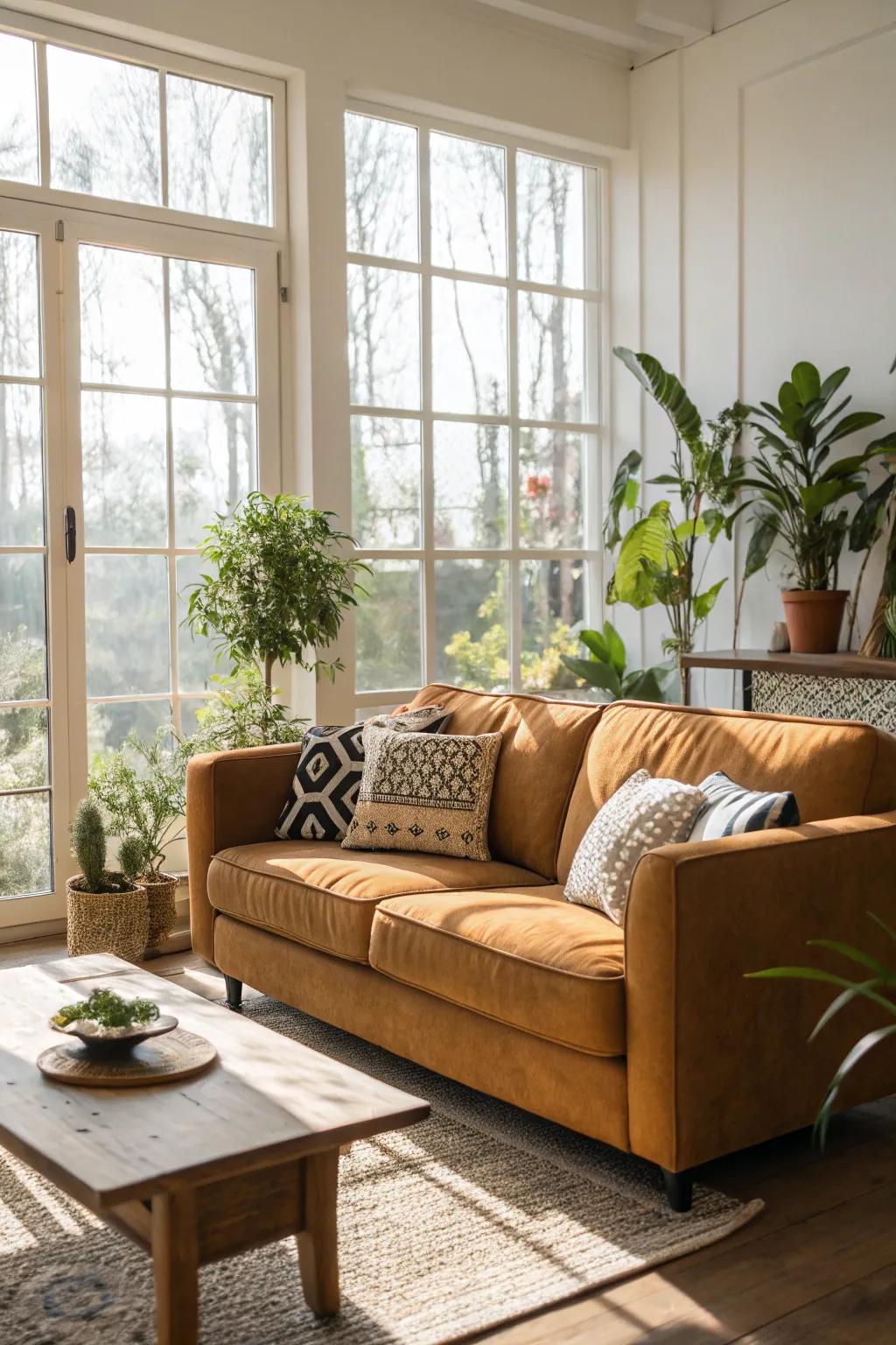 Sunlight amplifies the welcoming tone of honeycomb shades.