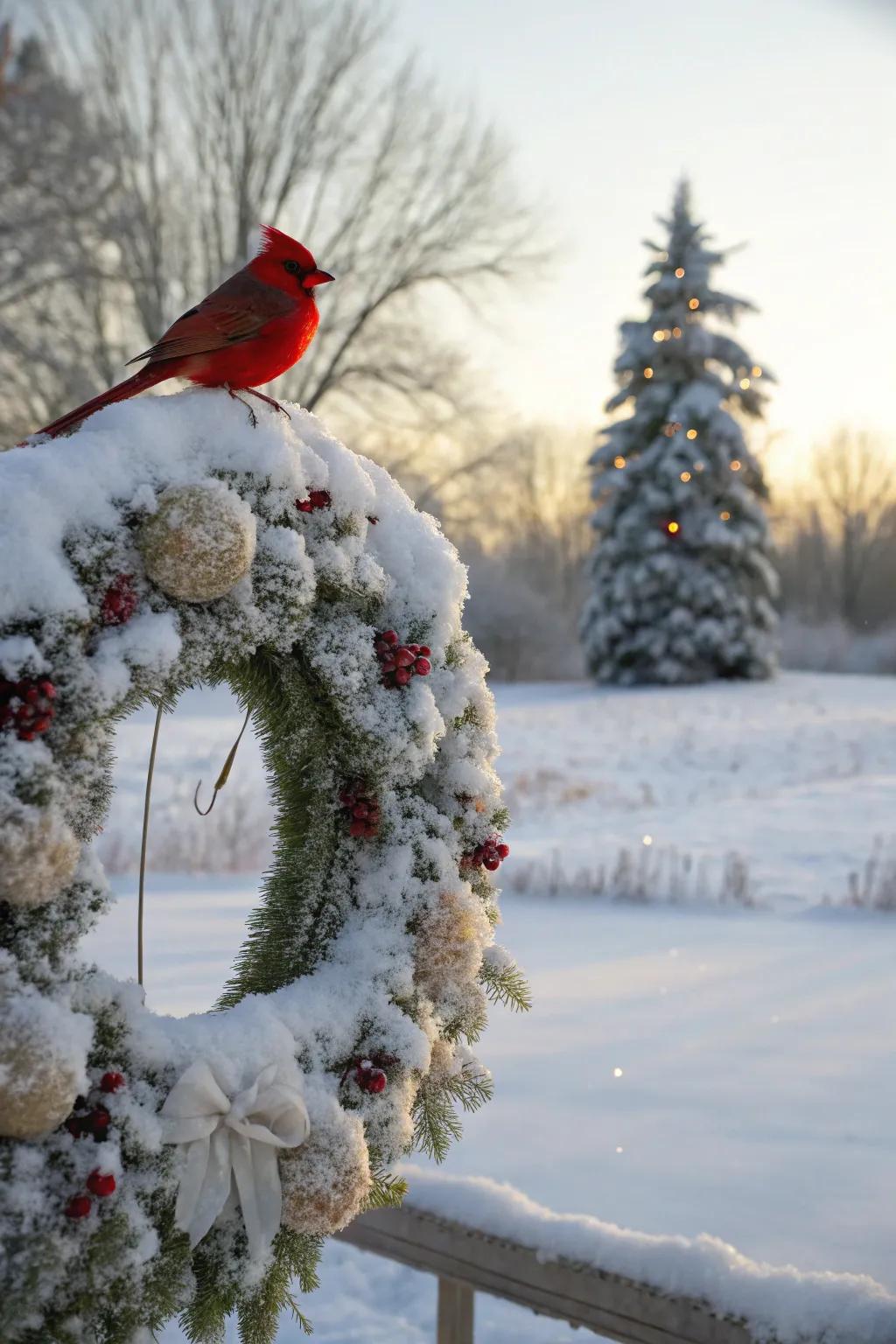 A snowy cardinal wreath that sparkles with winter magic.