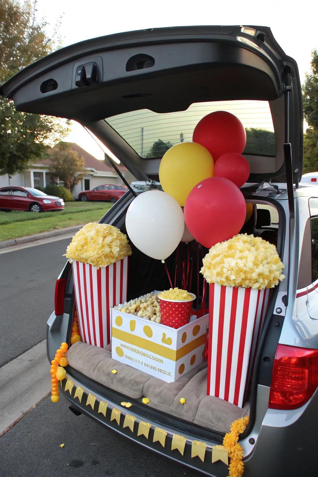 A trunk brimming with oversized popcorn decorations, perfectly capturing the essence of a carnival treat.