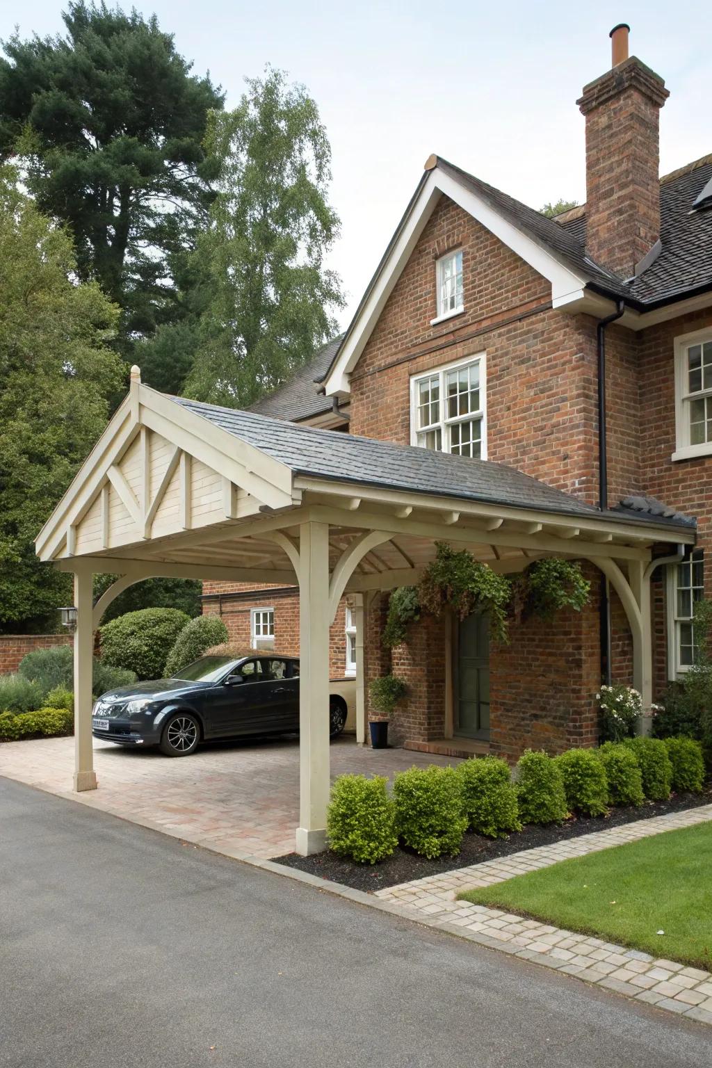 Traditional carport design exuding timeless charm.