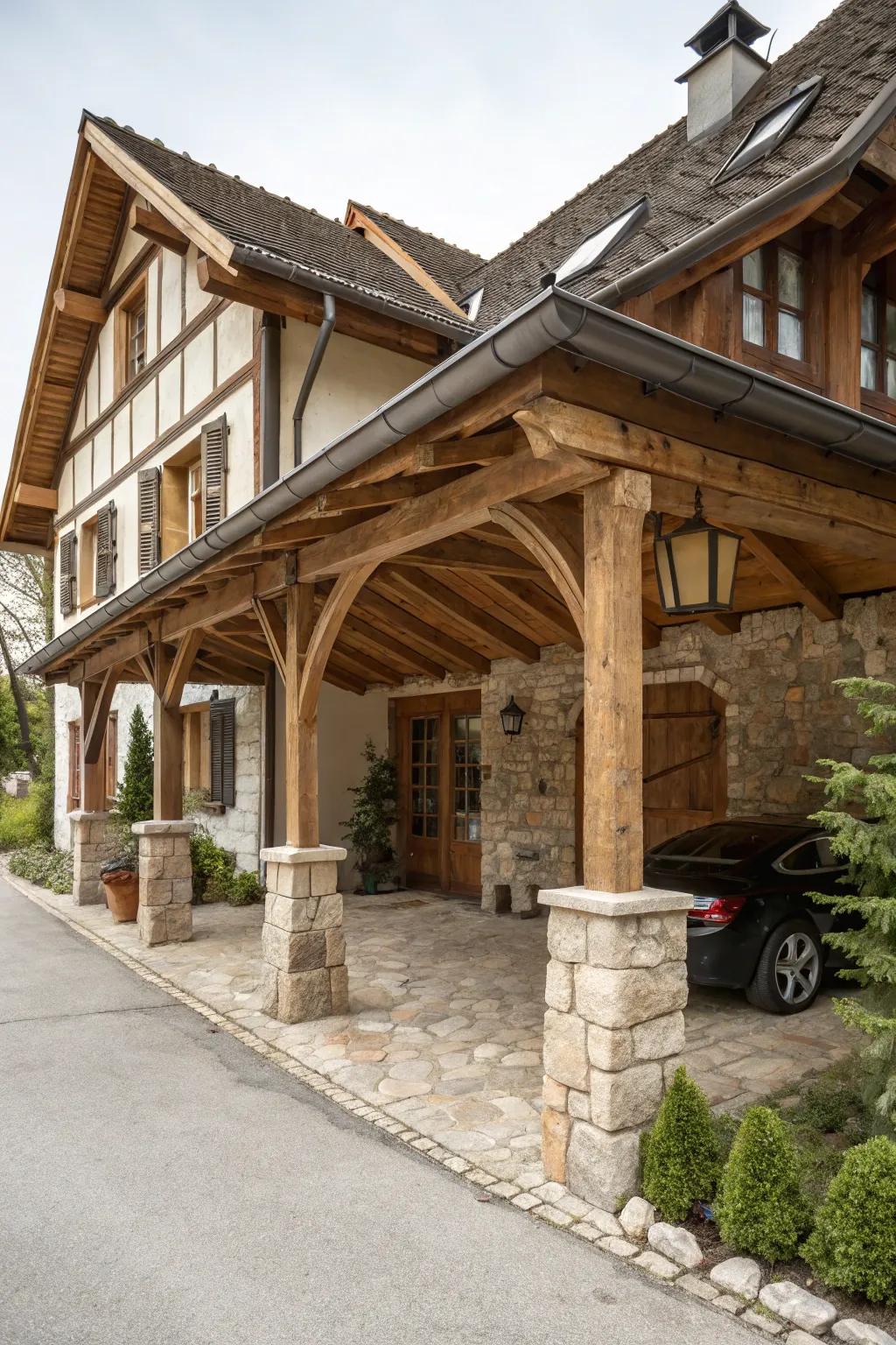 A rustic carport displaying organic wood beams and stone accents.