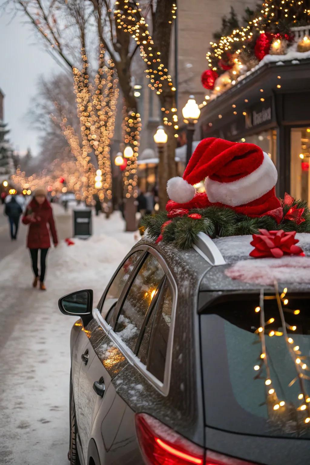 A car styled as Santa's sleigh, spreading holiday happiness.