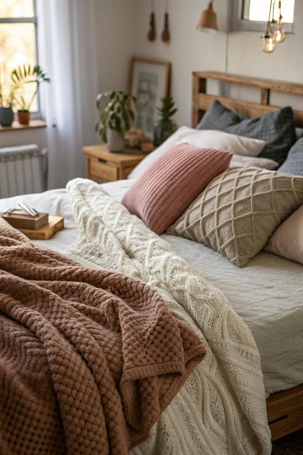 Layering feels for a comfortable and inviting bed.