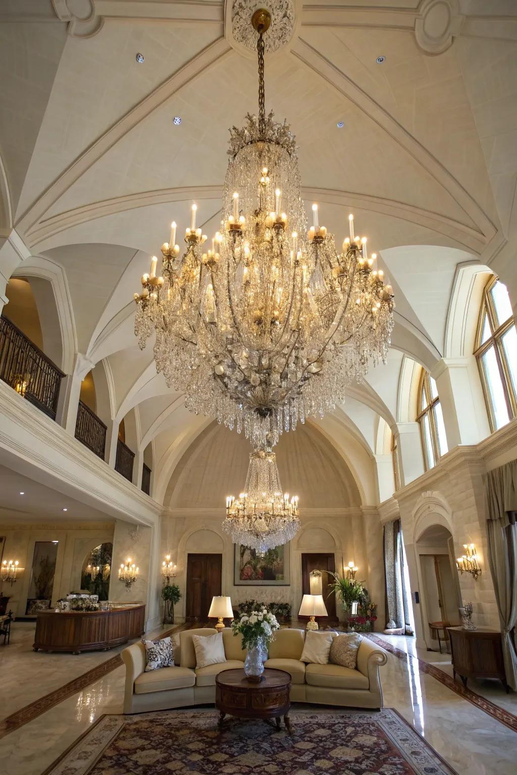 A showpiece hanging light transforms into the central attraction of this sophisticated space.