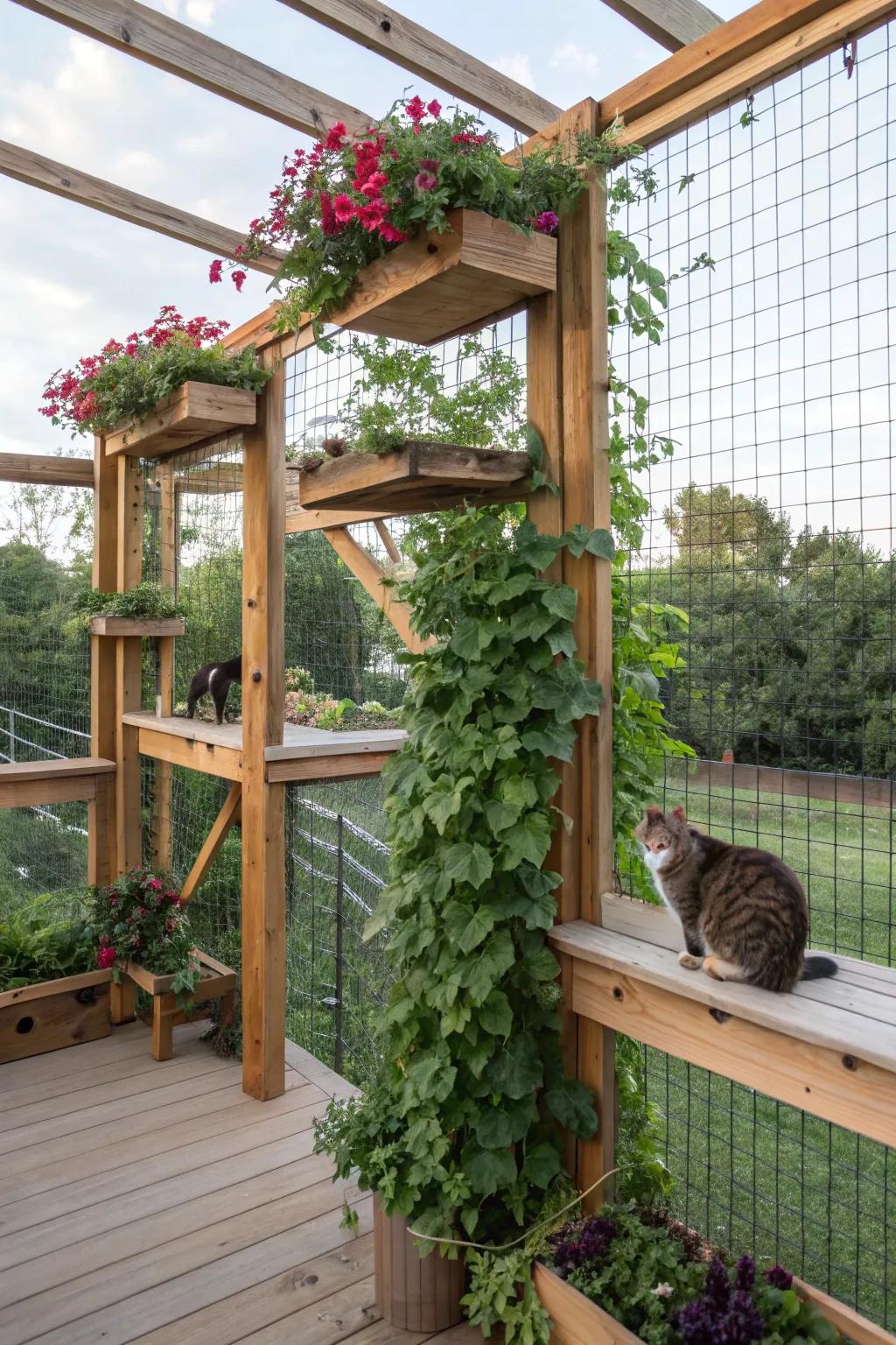 Organic climbing elements incorporated within a catio, creating a lively and visually attractive setting.