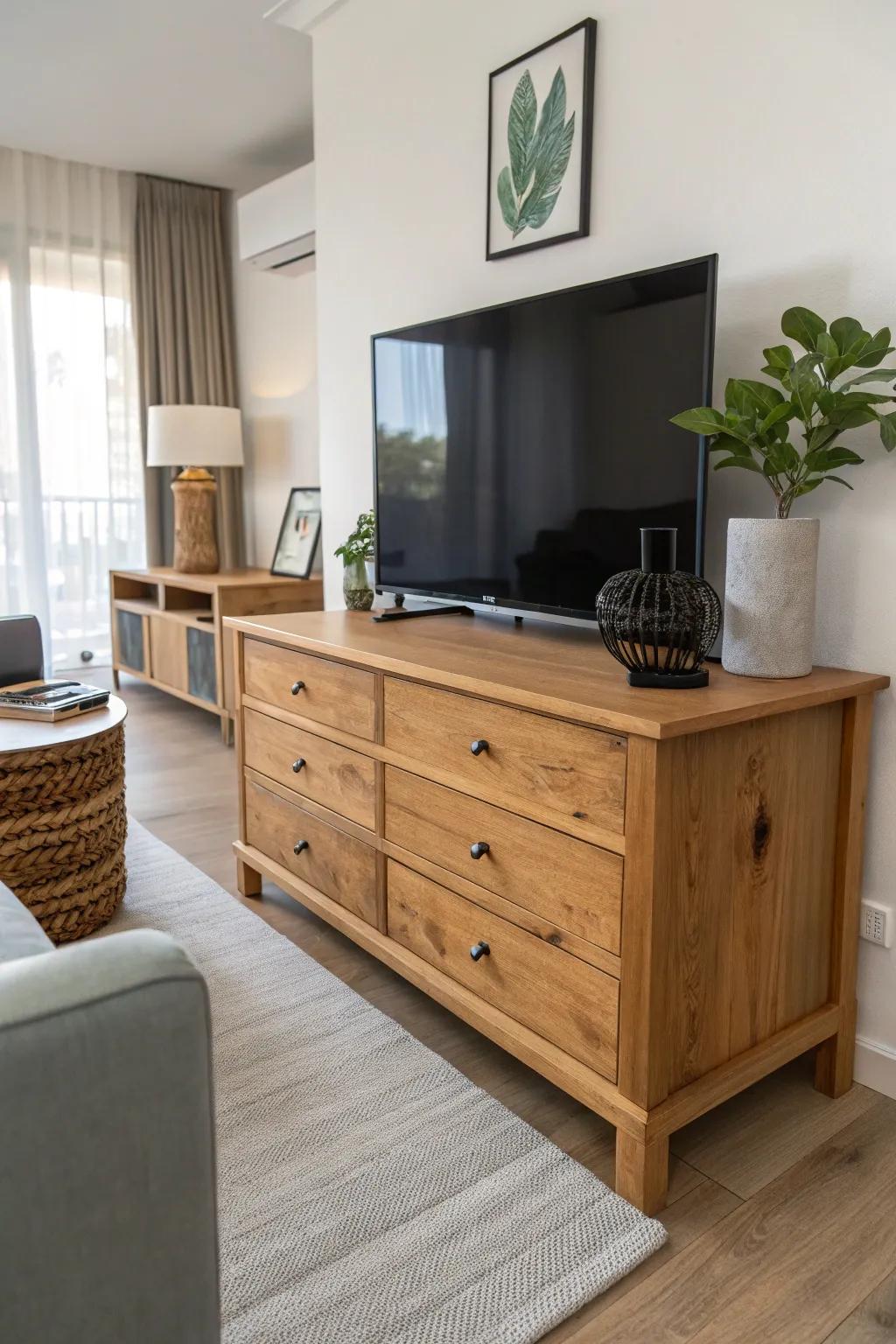 An antique storage chest makes for a fashionable and useful media station.