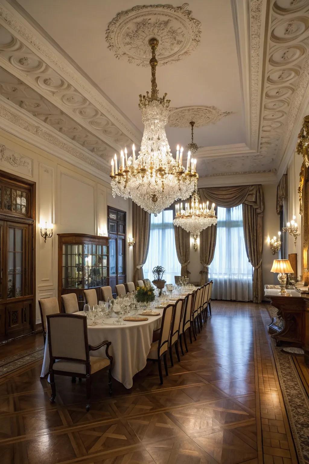 Dining room featuring a dramatic chandelier that elevates the space.