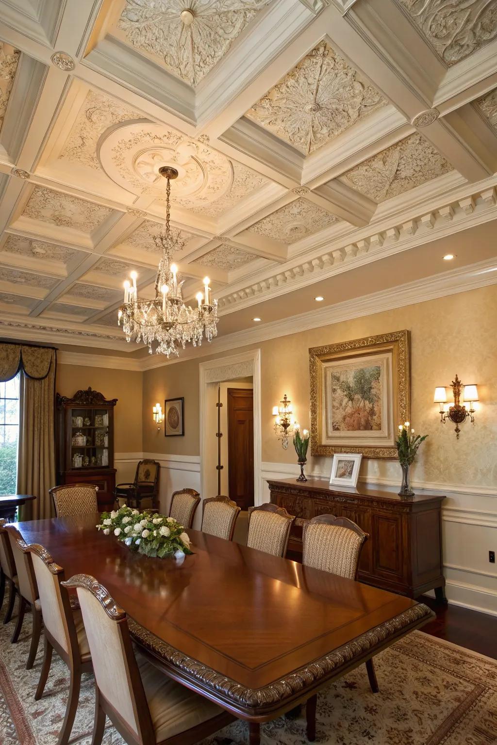 Coffered ceilings impart an aura of refined elegance to any dining setting.