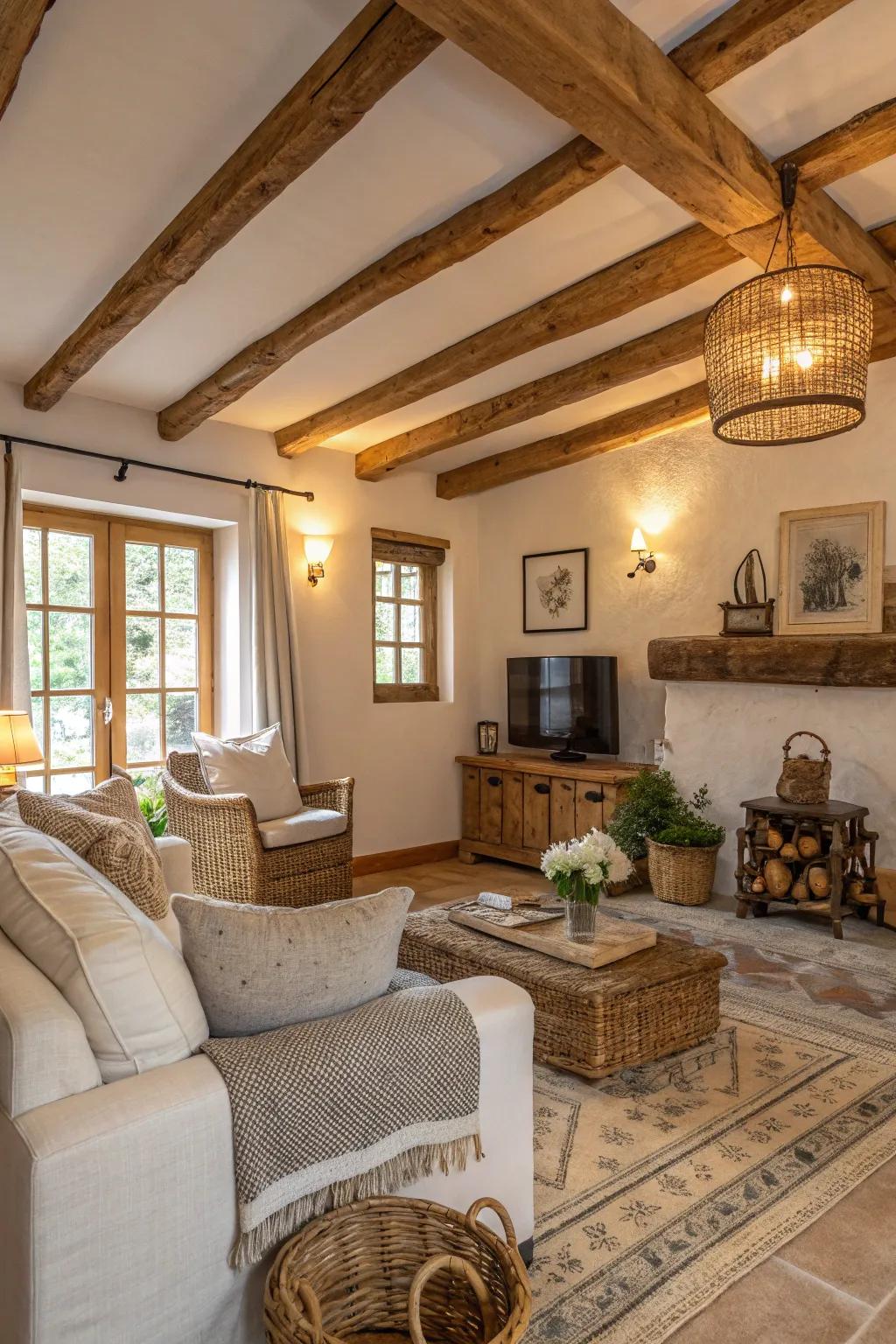 Produce a rustic environment with prominent wood beams.