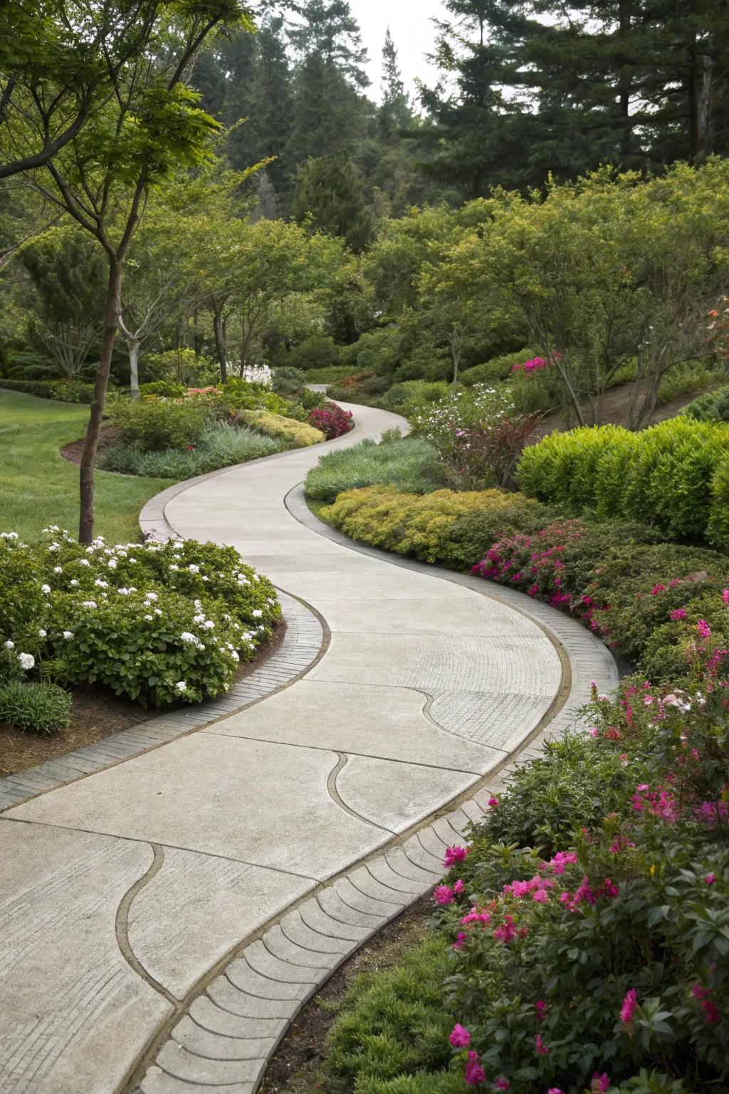 A winding concrete walkway adding a lighthearted feel to the garden trails.