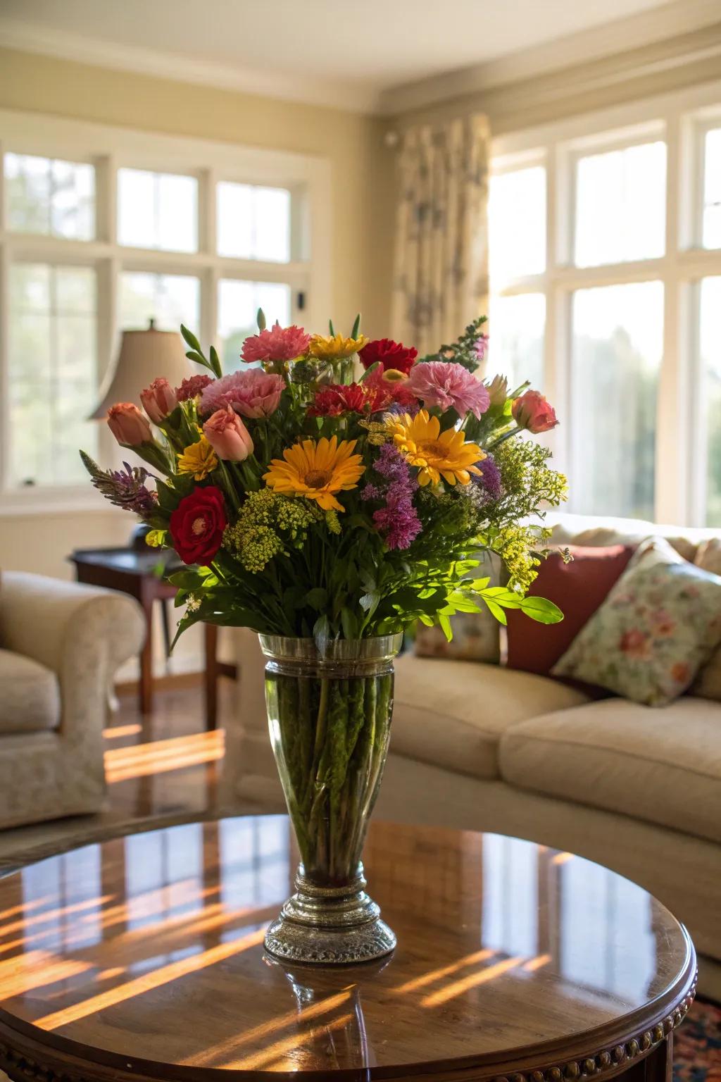 Spirited blossoms breathe life and hue into your center table.