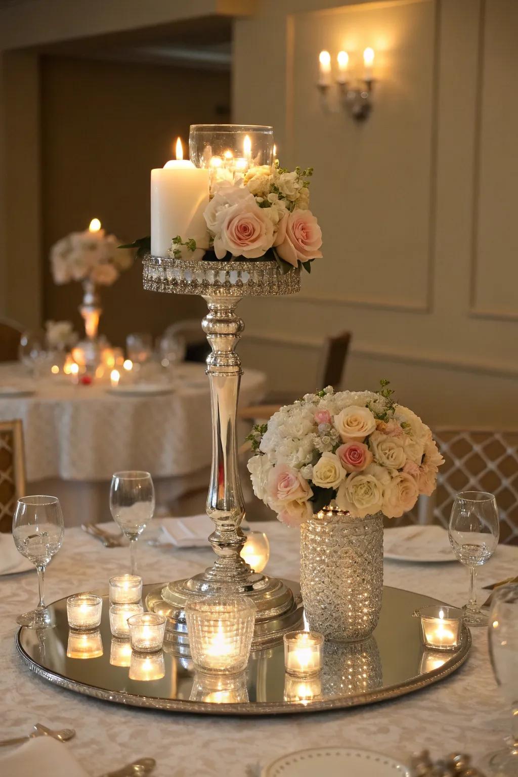 Polished sophistication using a mirrored centerpiece base.