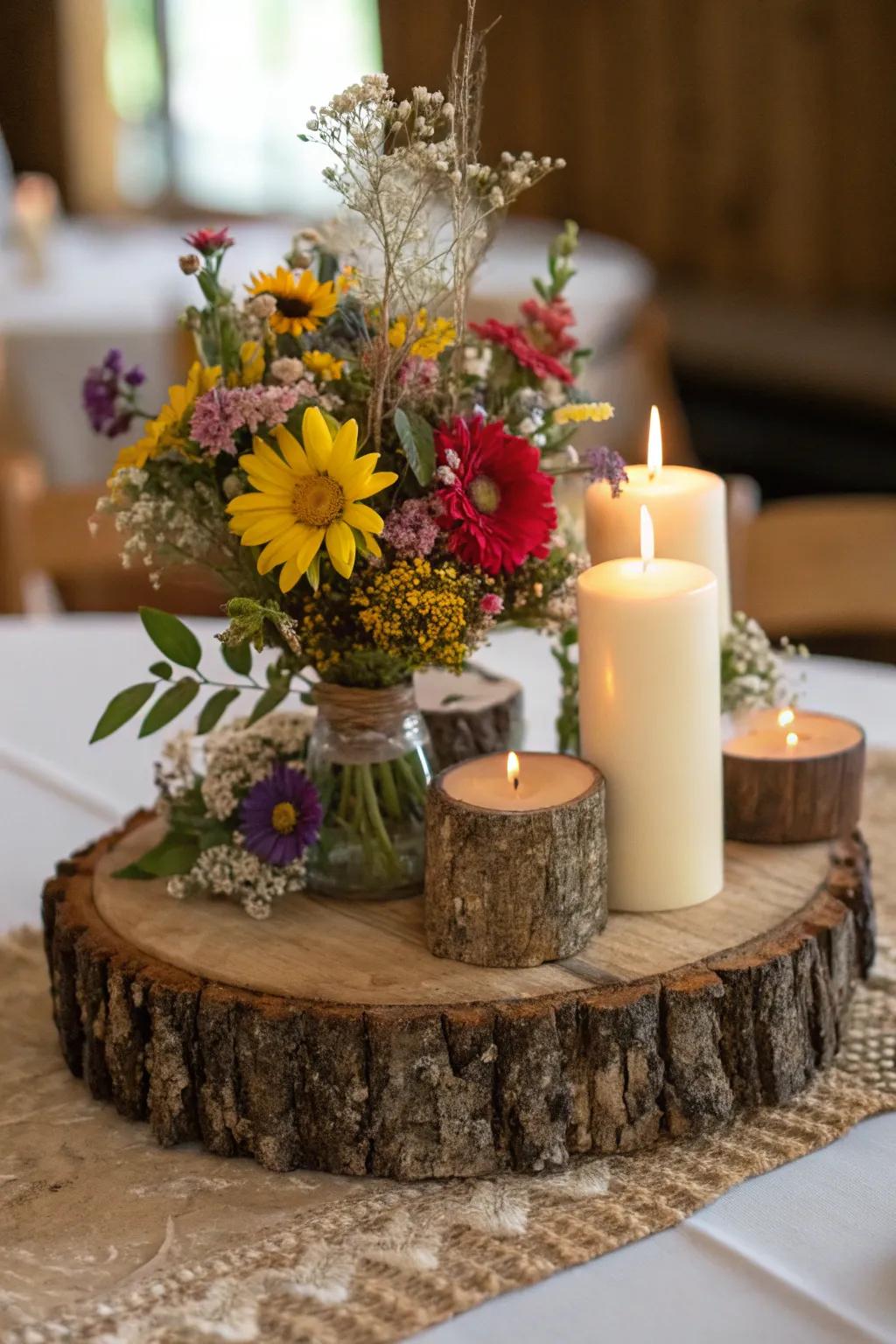 Earthy timber round centerpiece adorned with meadow flowers.