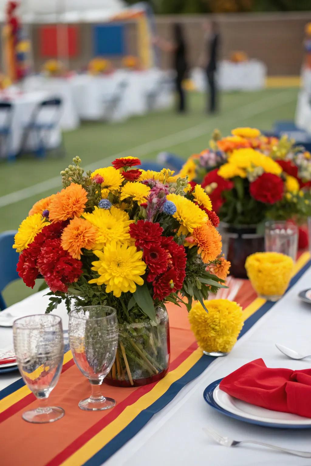 Vibrant flower decor brings school spirit to the celebration.
