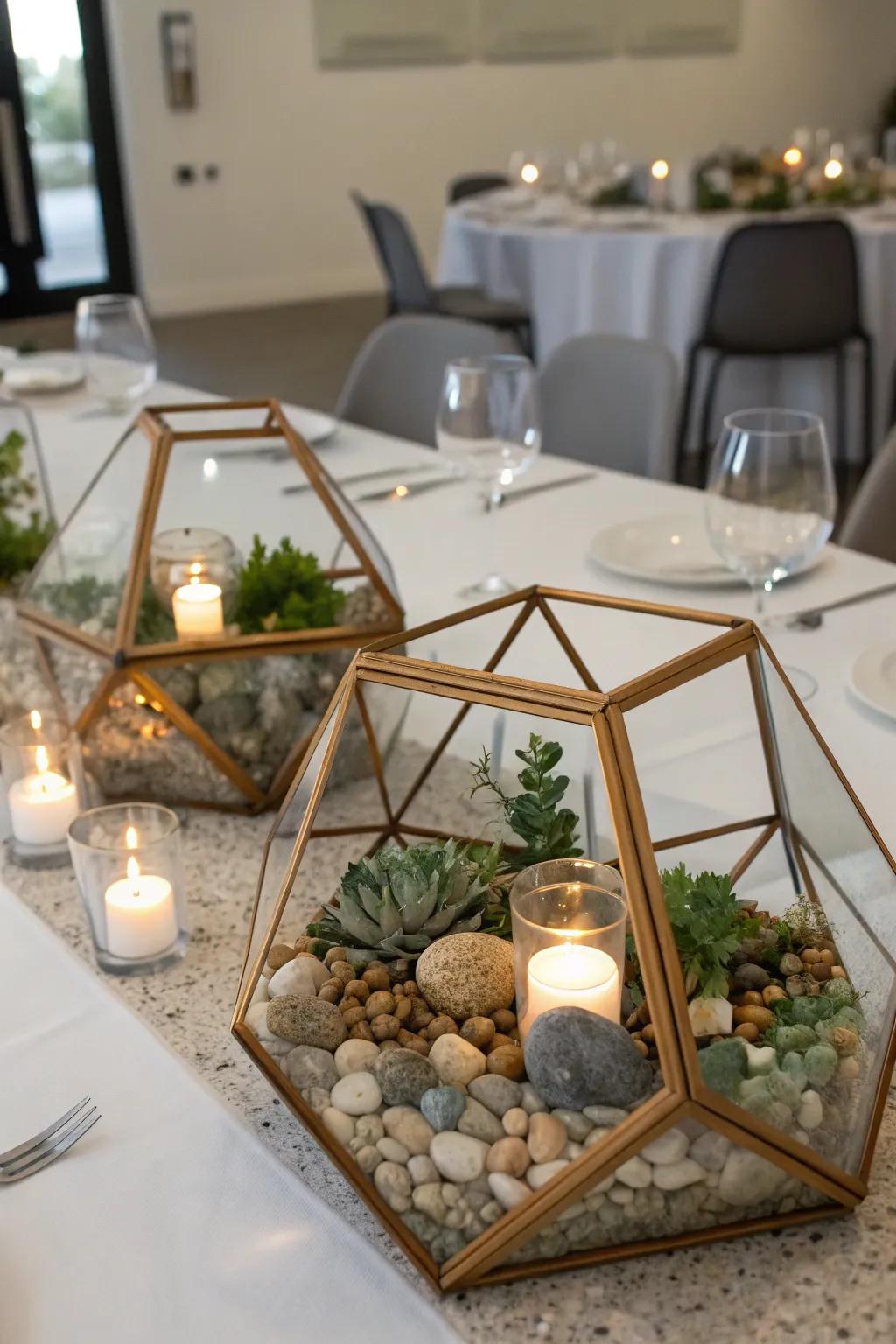 Geometric terrariums offer a modern, stylish alternative to flowers.