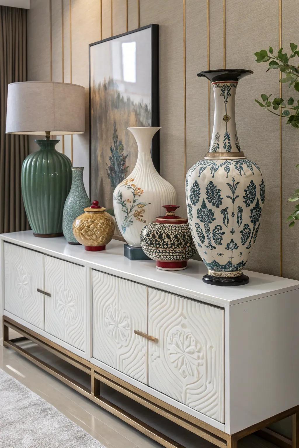 A mix of ceramic vases in different shapes creates an eye-catching display.