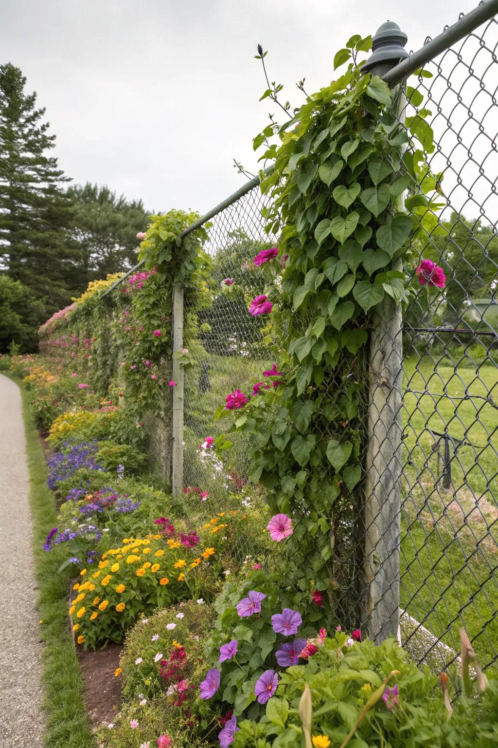 Climbing flora can transform your fence into a living backdrop.