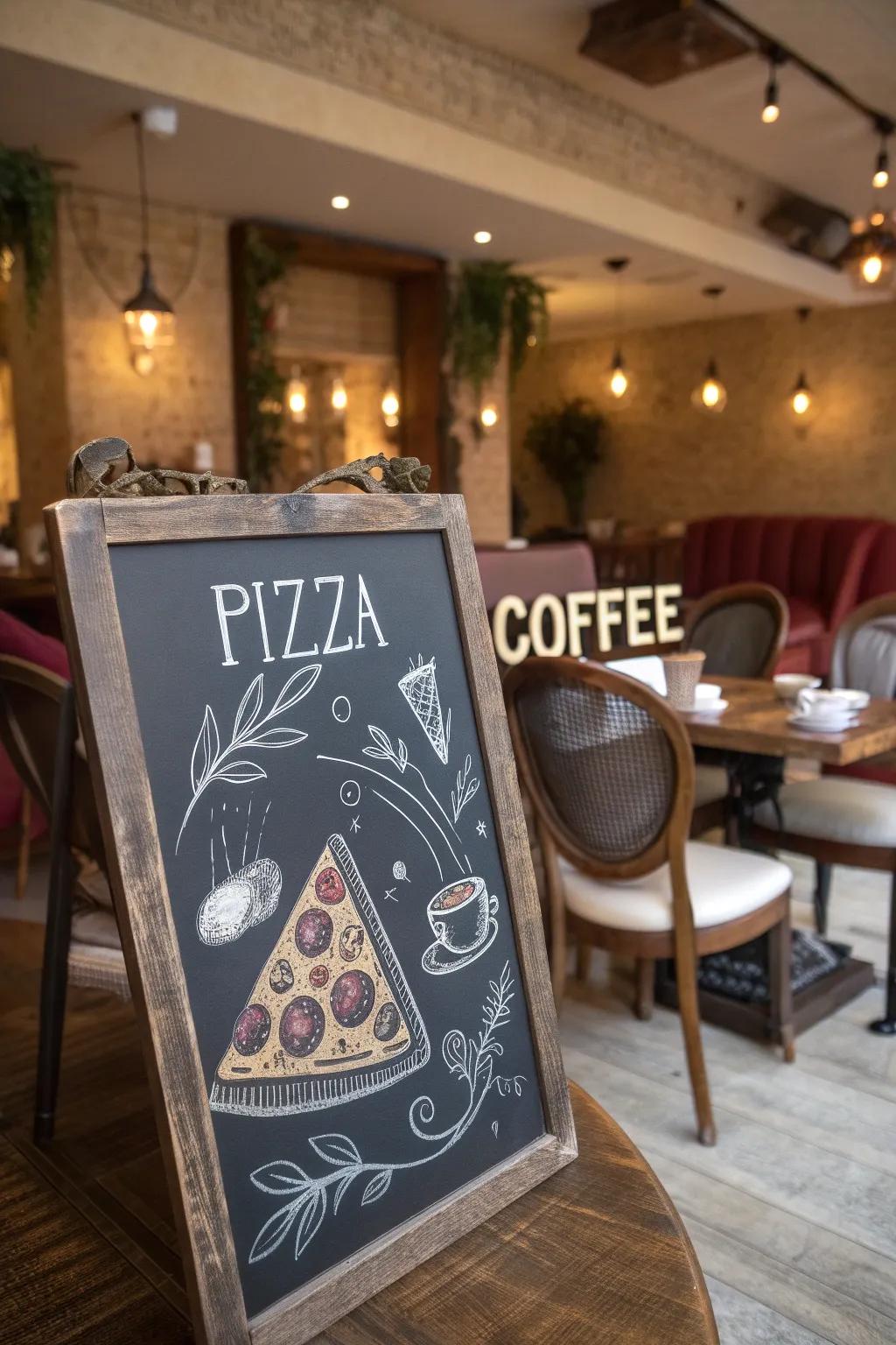 Hand-drawn pictures of food items give a fun feel to a chalkboard menu.