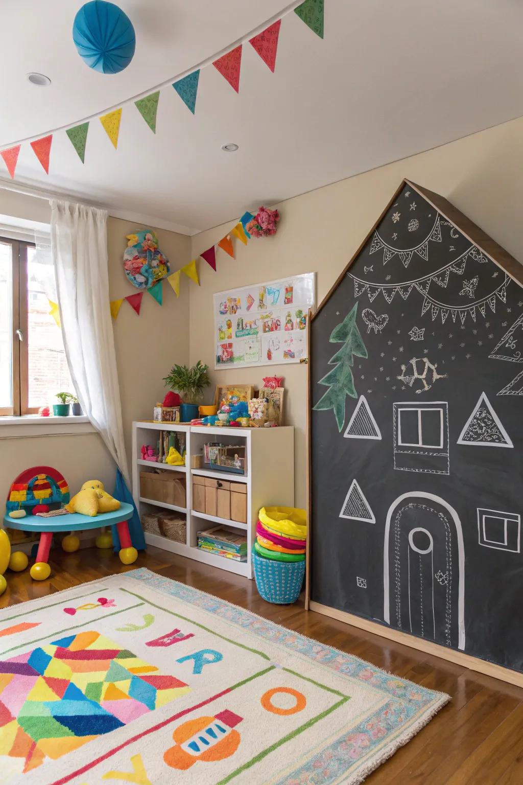 A chalkboard wall formed like a house provides attraction and entertainment.