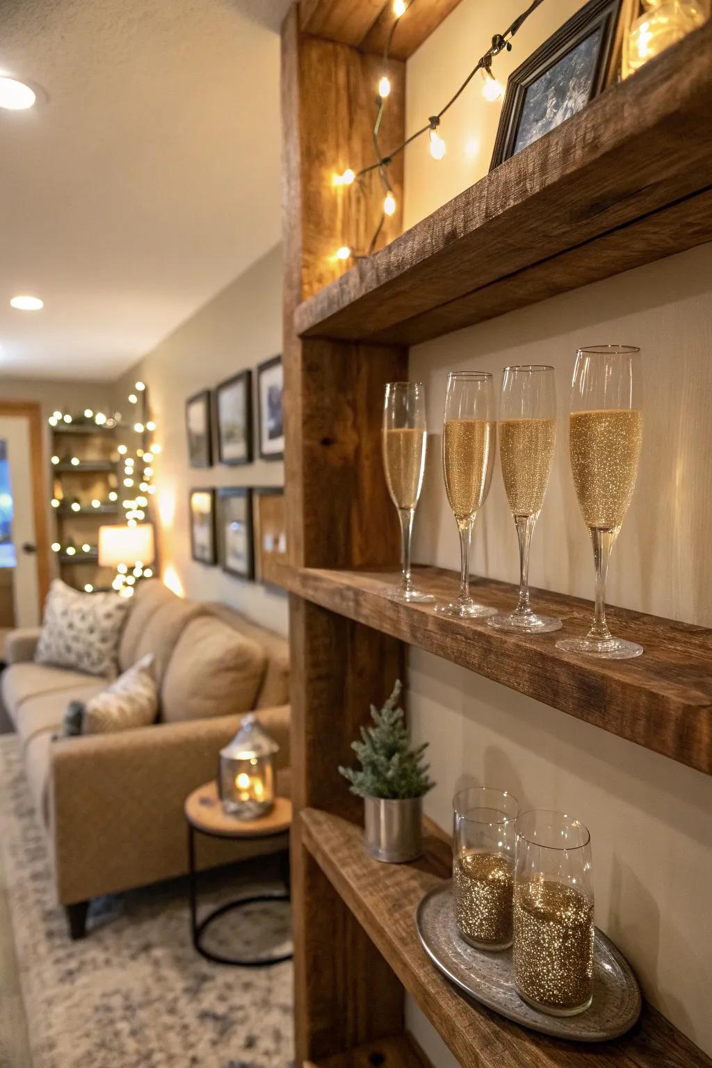 Country-style wooden ledges contribute warmth to this sparkling wine station.